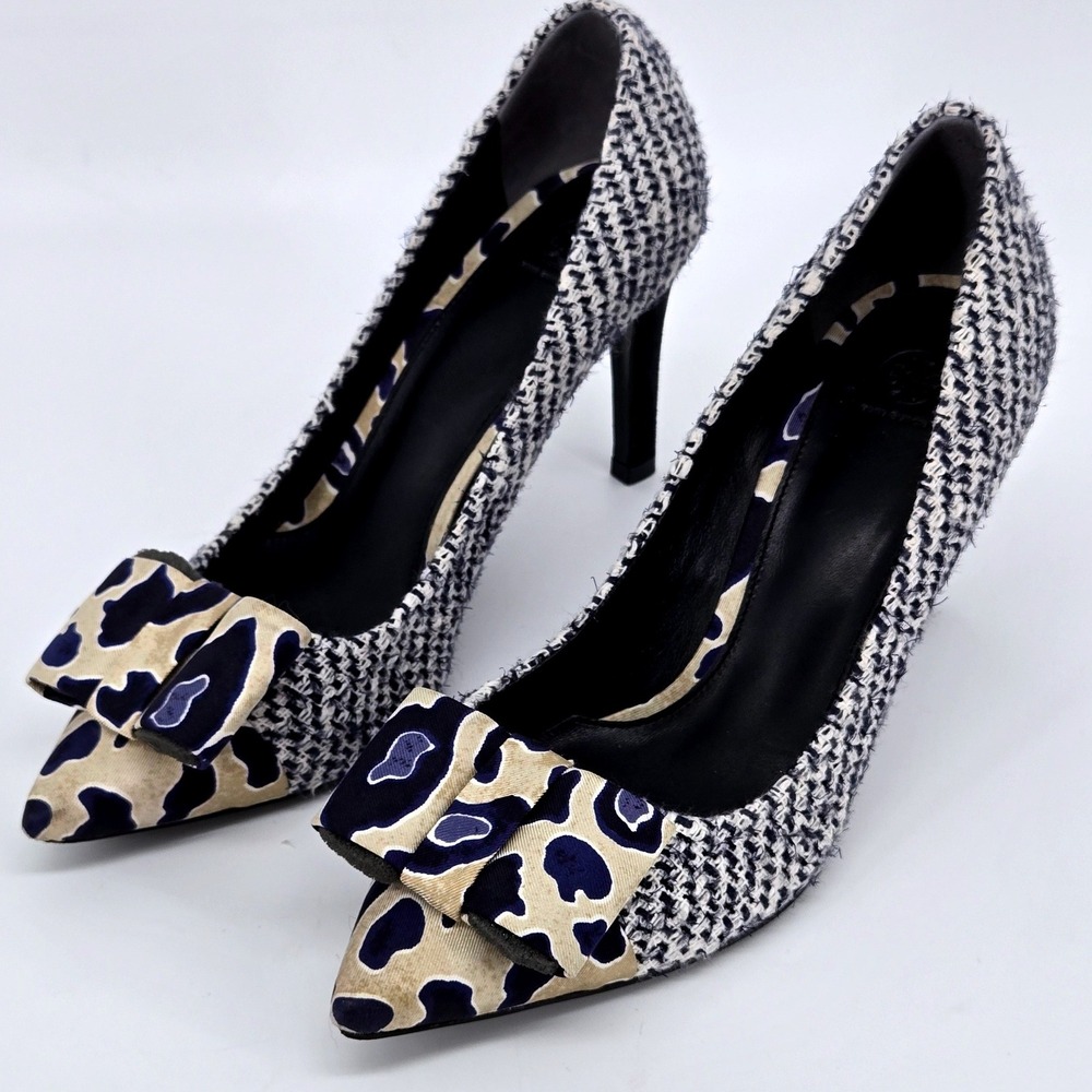 Tory Burch Cleo Tweed Leopard Silk Bow Pointed Toe Stiletto Pumps Heels 7M 3.5"